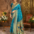 Turquoise traditional paithani silk saree with bird & floral motifs, handwoven weaving work, wedding wear