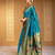 Turquoise traditional paithani silk saree with bird & floral motifs, handwoven weaving work, wedding wear