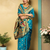Turquoise traditional paithani silk saree with bird & floral motifs, handwoven weaving work, wedding wear