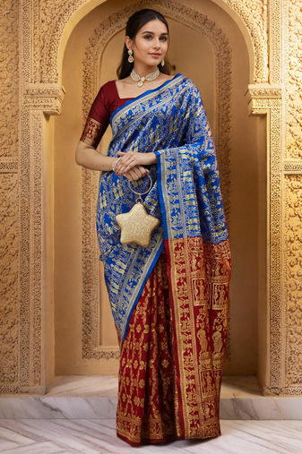 Blue traditional paithani silk saree with intricate weaving & designer pallu – with blouse piece
