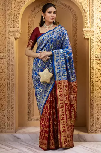 Blue paithani silk blend saree with intricate weaving and blouse piece