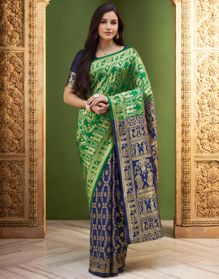 Green paithani silk blend saree with intricate weaving and blouse piece 1