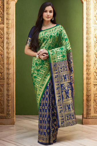 Green traditional paithani silk saree with intricate weaving & designer pallu – with blouse piece