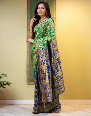 Green paithani silk blend saree with intricate weaving and blouse piece 2