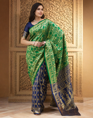 Green paithani silk blend saree with intricate weaving and blouse piece 3