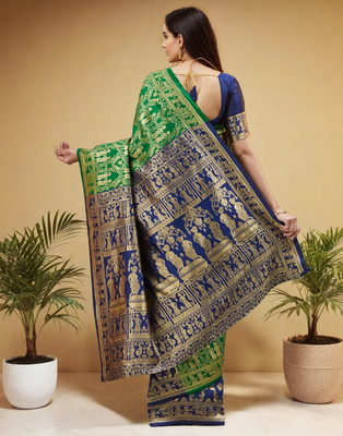 Green paithani silk blend saree with intricate weaving and blouse piece 4