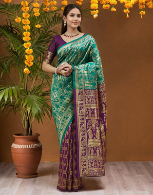 Light green paithani silk blend saree with intricate weaving and blouse piece 1