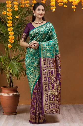 Light green traditional paithani silk saree with intricate weaving & designer pallu – with blouse piece