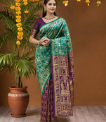 Light green paithani silk blend saree with intricate weaving and blouse piece