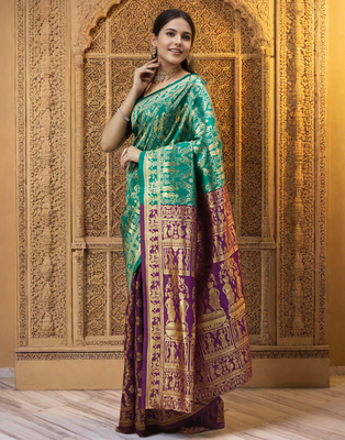 Light green paithani silk blend saree with intricate weaving and blouse piece 2