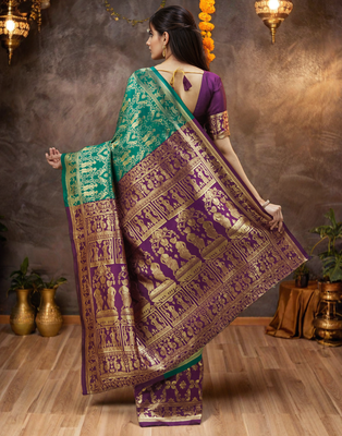 Light green paithani silk blend saree with intricate weaving and blouse piece 4