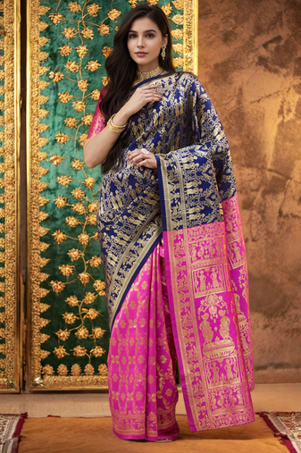 Navy paithani silk blend saree with intricate weaving and blouse piece
