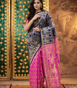 Navy paithani silk blend saree with intricate weaving and blouse piece