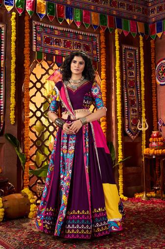 PURPLE DIGITAL PRINT WITH THREAD EMBROIDERED & MIRROR WORK COTTON TRADITIONAL NAVRATRI SPECIAL STITCHED FESTIVE WEAR