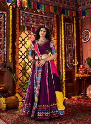 PURPLE DIGITAL PRINT WITH THREAD EMBROIDERED & MIRROR WORK COTTON TRADITIONAL NAVRATRI SPECIAL STITCHED FESTIVE WEAR 1