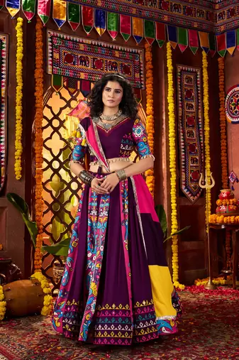 PURPLE DIGITAL PRINT WITH THREAD EMBROIDERED & MIRROR WORK COTTON TRADITIONAL NAVRATRI SPECIAL STITCHED FESTIVE WEAR