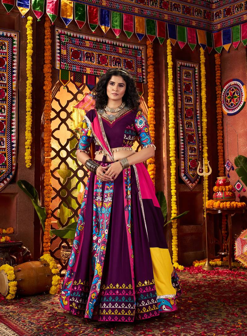 PURPLE DIGITAL PRINT WITH THREAD EMBROIDERED & MIRROR WORK COTTON TRADITIONAL NAVRATRI SPECIAL STITCHED FESTIVE WEAR