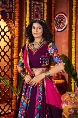 PURPLE DIGITAL PRINT WITH THREAD EMBROIDERED & MIRROR WORK COTTON TRADITIONAL NAVRATRI SPECIAL STITCHED FESTIVE WEAR 3