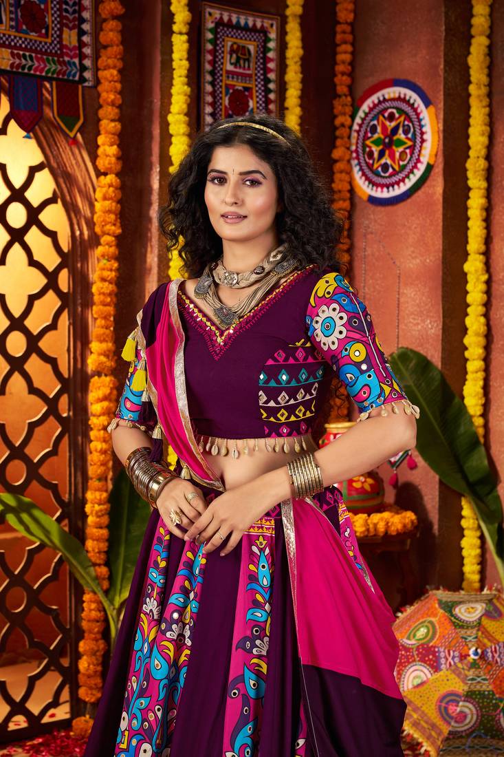 PURPLE DIGITAL PRINT WITH THREAD EMBROIDERED & MIRROR WORK COTTON TRADITIONAL NAVRATRI SPECIAL STITCHED FESTIVE WEAR