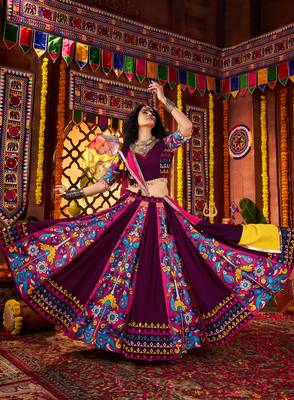 PURPLE DIGITAL PRINT WITH THREAD EMBROIDERED & MIRROR WORK COTTON TRADITIONAL NAVRATRI SPECIAL STITCHED FESTIVE WEAR 4