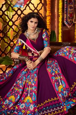 PURPLE DIGITAL PRINT WITH THREAD EMBROIDERED & MIRROR WORK COTTON TRADITIONAL NAVRATRI SPECIAL STITCHED FESTIVE WEAR 5