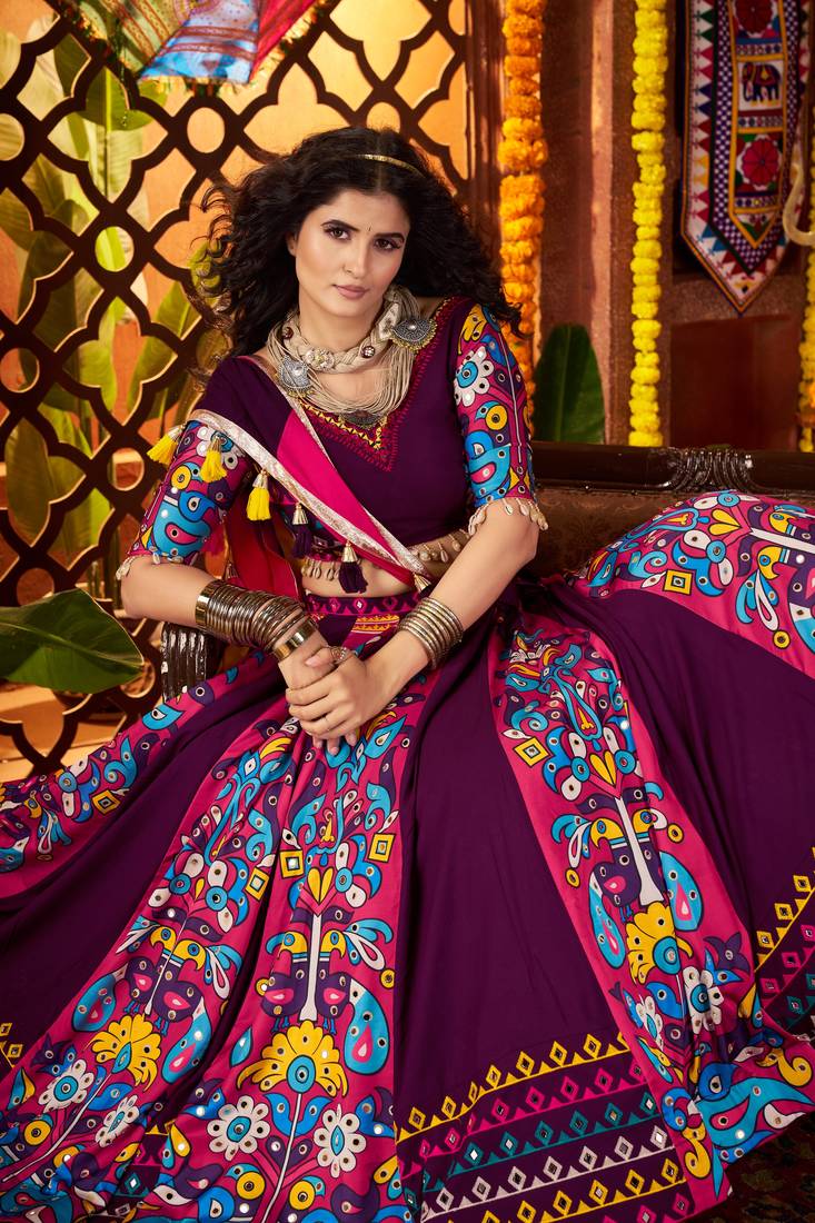 PURPLE DIGITAL PRINT WITH THREAD EMBROIDERED & MIRROR WORK COTTON TRADITIONAL NAVRATRI SPECIAL STITCHED FESTIVE WEAR