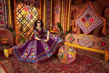 PURPLE DIGITAL PRINT WITH THREAD EMBROIDERED & MIRROR WORK COTTON TRADITIONAL NAVRATRI SPECIAL STITCHED FESTIVE WEAR 6