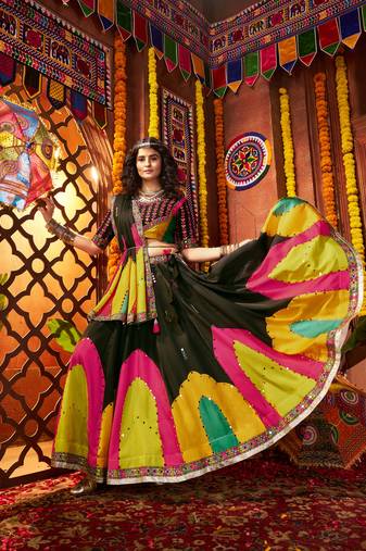 BLACK DIGITAL PRINT THREAD MIRROR EMBROIDERED  NAVRATRI SPECIAL STITCHED lehenga choli