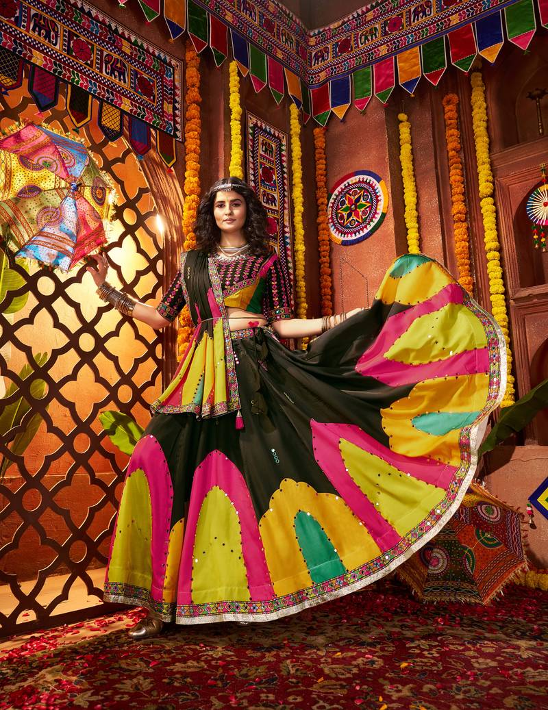 BLACK DIGITAL PRINT THREAD MIRROR EMBROIDERED  NAVRATRI SPECIAL STITCHED lehenga choli
