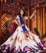 White Lotus-Print Cotton Navratri Lehenga Choli with Mirror Sleeves & Blue Dupatta Garba Dress for Women