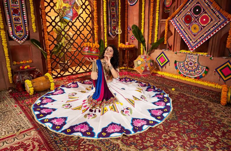 White Lotus-Print Cotton Navratri Lehenga Choli with Mirror Sleeves & Blue Dupatta Garba Dress for Women