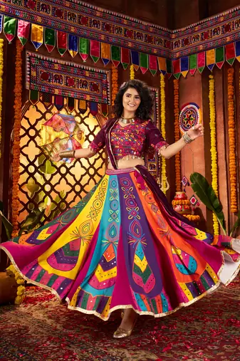 MULTICOLOR DIGITAL PRINT THREAD MIRROR EMBROIDERED  NAVRATRI SPECIAL STITCHED lehenga choli