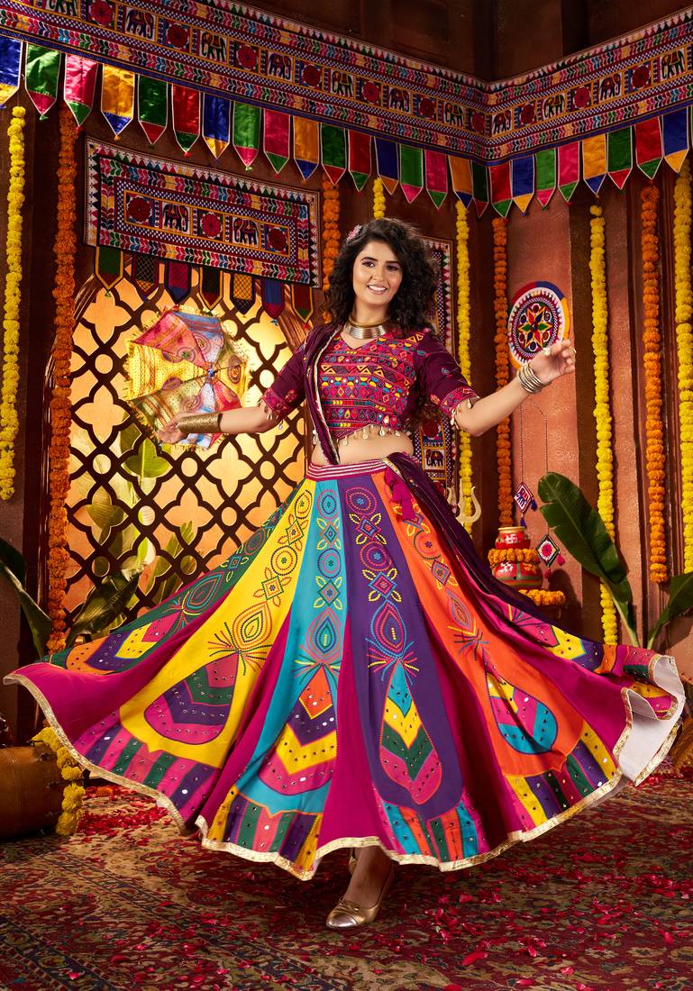 MULTICOLOR DIGITAL PRINT THREAD MIRROR EMBROIDERED  NAVRATRI SPECIAL STITCHED lehenga choli