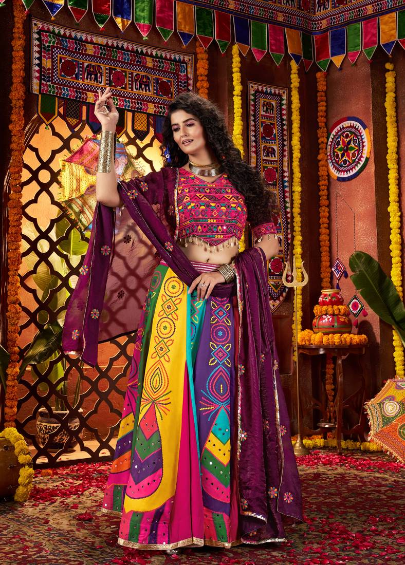 Multicolor Didgital Print Navratri Lehenga Choli with Dupatta Garba Dress for Women