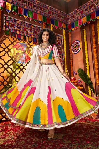 WHITE DIGITAL PRINT THREAD MIRROR EMBROIDERED  NAVRATRI SPECIAL STITCHED lehenga choli