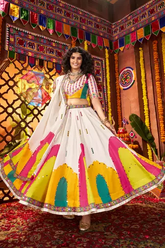 WHITE DIGITAL PRINT THREAD MIRROR EMBROIDERED  NAVRATRI SPECIAL STITCHED lehenga choli