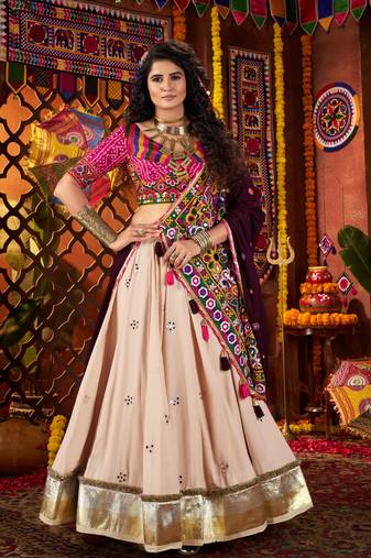 BEIGE THREAD MIRROR EMBROIDERED VISCOSE NAVRATRI special STITCHED LEHENGA CHOLI