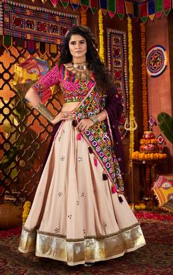BEIGE THREAD MIRROR EMBROIDERED VISCOSE NAVRATRI special STITCHED LEHENGA CHOLI 1