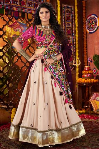 BEIGE THREAD MIRROR EMBROIDERED VISCOSE NAVRATRI special STITCHED LEHENGA CHOLI