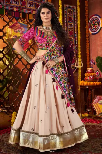 BEIGE THREAD MIRROR EMBROIDERED VISCOSE NAVRATRI special STITCHED LEHENGA CHOLI