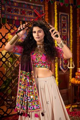 BEIGE THREAD MIRROR EMBROIDERED VISCOSE NAVRATRI special STITCHED LEHENGA CHOLI 3
