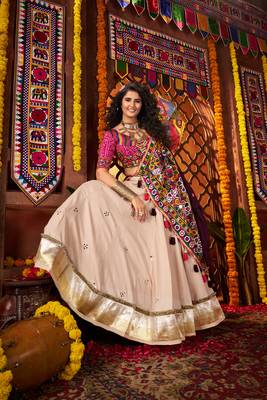 BEIGE THREAD MIRROR EMBROIDERED VISCOSE NAVRATRI special STITCHED LEHENGA CHOLI 4