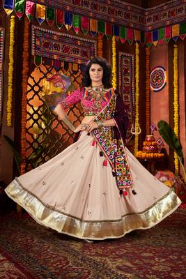 BEIGE THREAD MIRROR EMBROIDERED VISCOSE NAVRATRI special STITCHED LEHENGA CHOLI 5