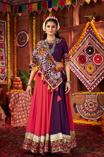 PURPLE RANI PINK THREAD MIRROR EMBROIDERED VISCOSE NAVRATRI special STITCHED LEHENGA CHOLI