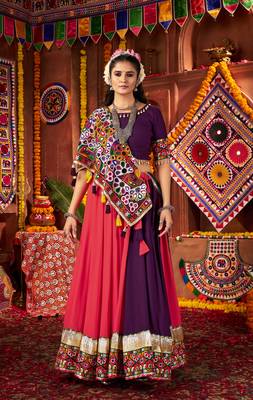 PURPLE RANI PINK THREAD MIRROR EMBROIDERED VISCOSE NAVRATRI special STITCHED LEHENGA CHOLI 1