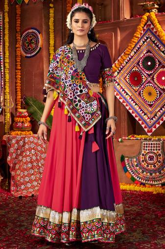 PURPLE RANI PINK THREAD MIRROR EMBROIDERED VISCOSE NAVRATRI special STITCHED LEHENGA CHOLI