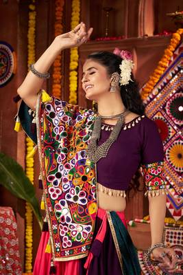 PURPLE RANI PINK THREAD MIRROR EMBROIDERED VISCOSE NAVRATRI special STITCHED LEHENGA CHOLI 3