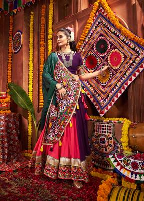 PURPLE RANI PINK THREAD MIRROR EMBROIDERED VISCOSE NAVRATRI special STITCHED LEHENGA CHOLI 4