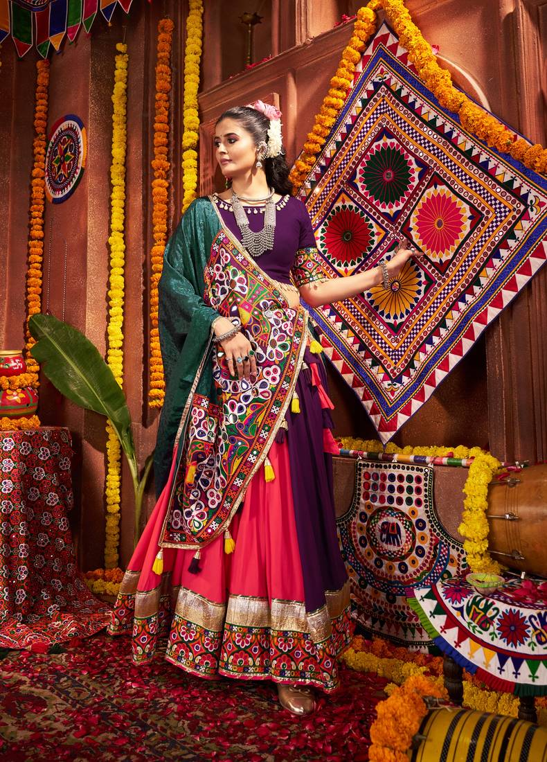 PURPLE RANI PINK THREAD MIRROR EMBROIDERED VISCOSE NAVRATRI special STITCHED LEHENGA CHOLI