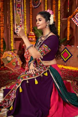 PURPLE RANI PINK THREAD MIRROR EMBROIDERED VISCOSE NAVRATRI special STITCHED LEHENGA CHOLI 5